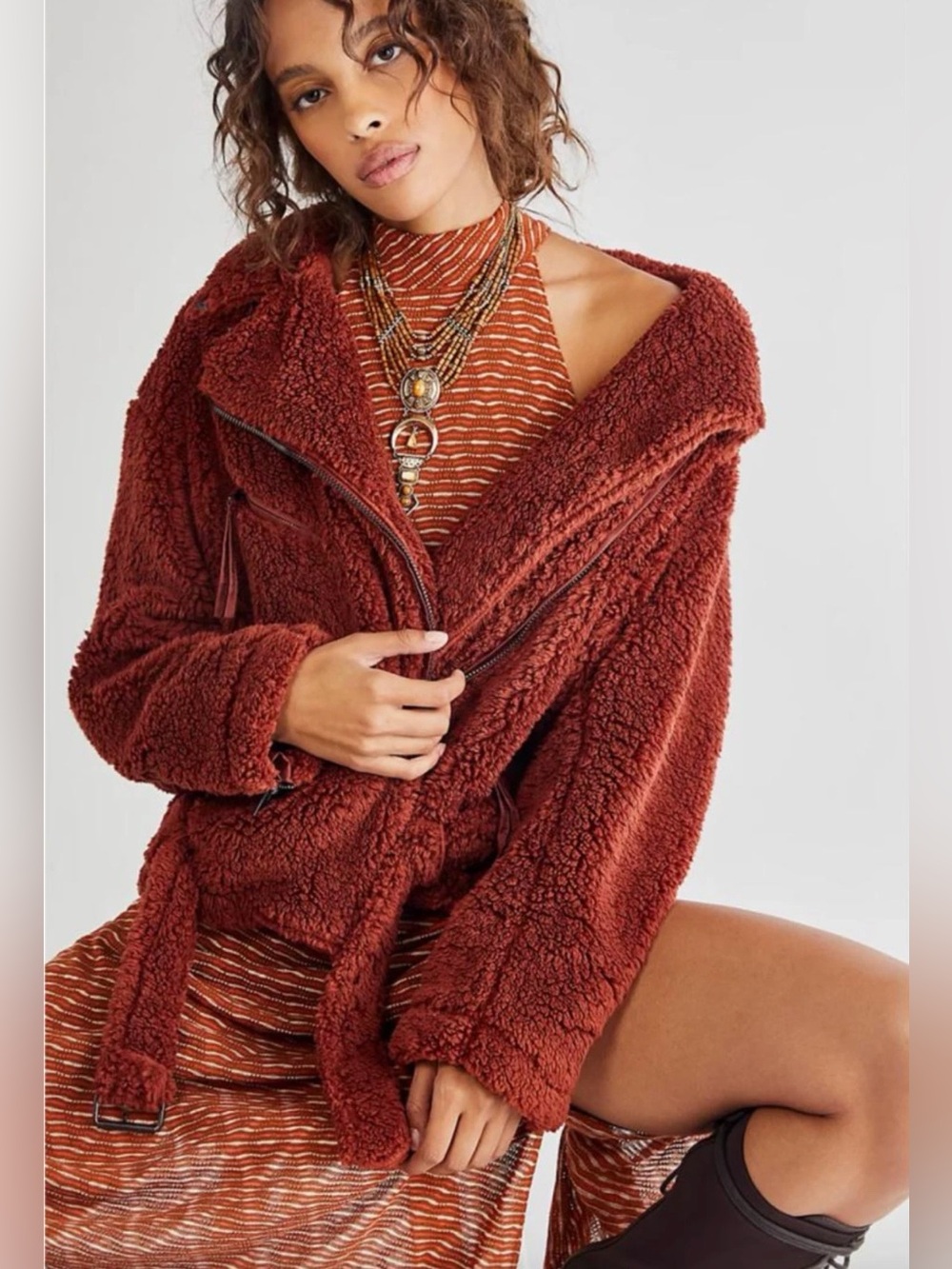 Free People NWT Sz M So Cozy Slouchy Moto Jacket in Spiced Brandy Brown (0777)